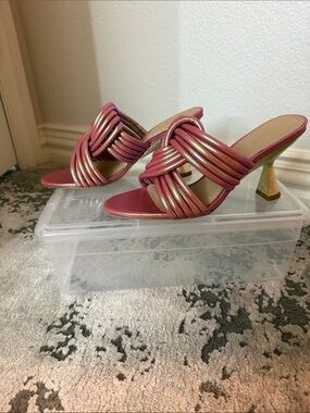 CECELIA NEW YORK Pink Iridescent Knot-Detail Heeled Mules